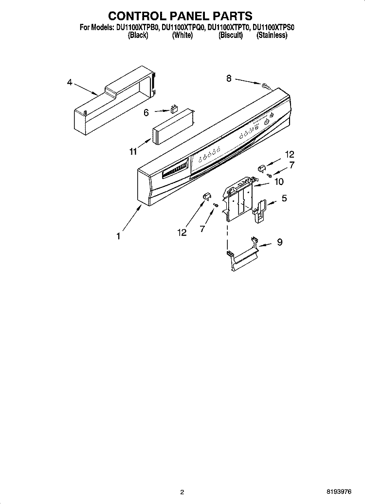 CONTROL PANEL PARTS Diagram and Parts List for DU1100XTPB0  Whirlpool Dishwasher