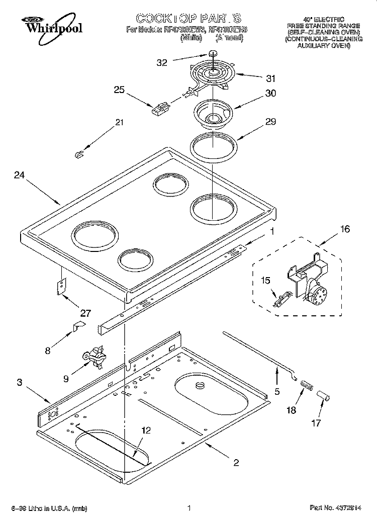 COOKTOP Diagram and Parts List for RF4700XEN3  Whirlpool Range