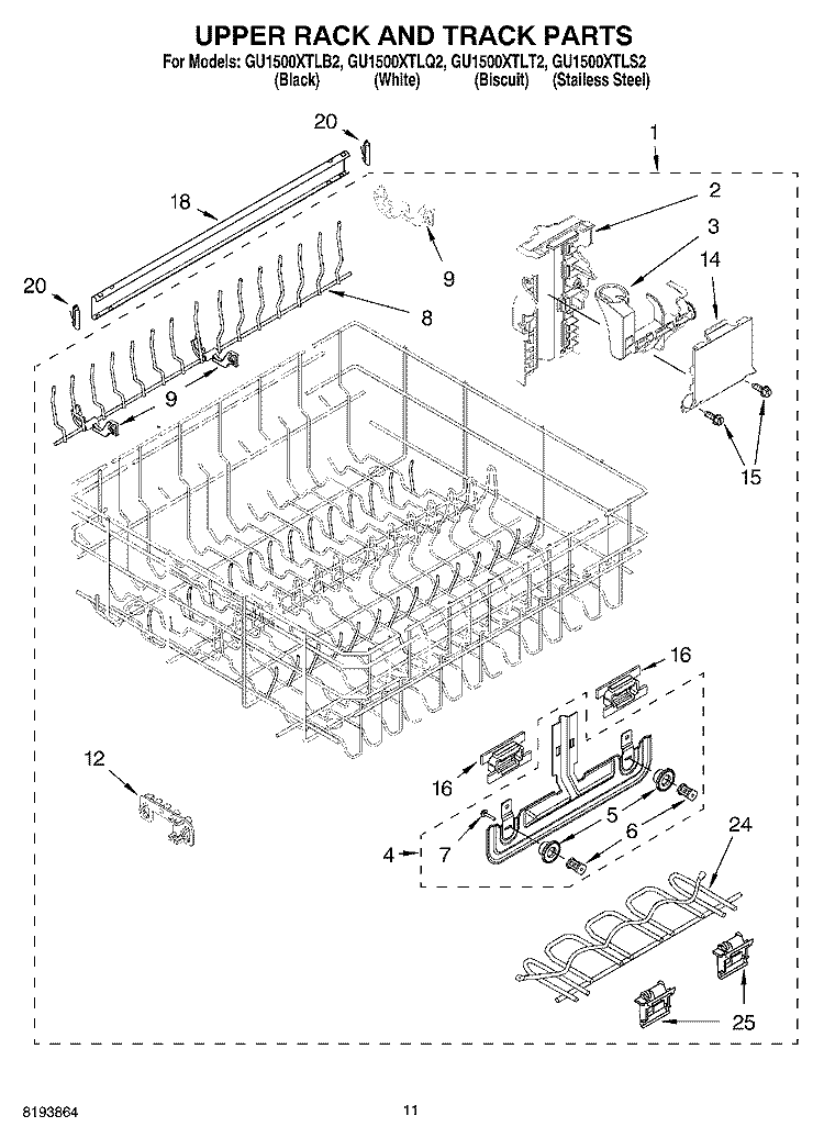 UPPER RACK AND TRACK PARTS Diagram and Parts List for GU1500XTLQ2  Whirlpool Dishwasher