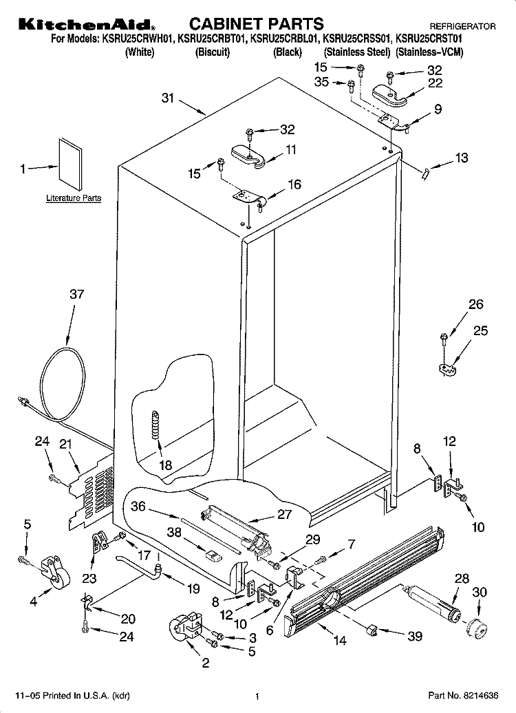 CABINET PARTS Diagram and Parts List for KSRU25CRWH01  KitchenAid Refrigerator