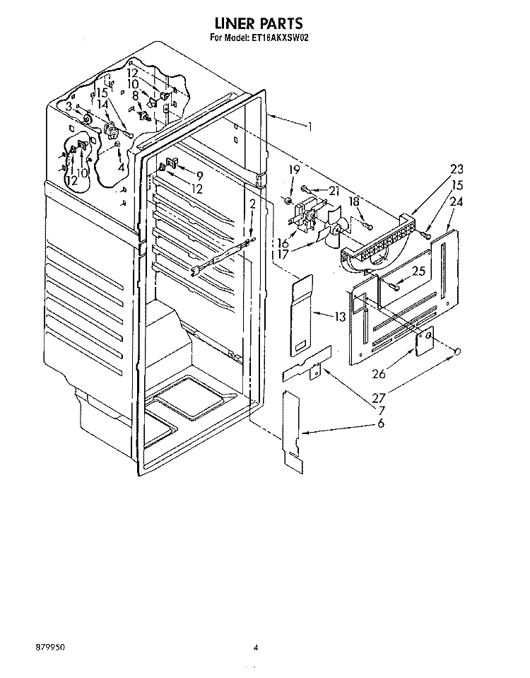 LINER Diagram and Parts List for ET16AKXSW02  Whirlpool Refrigerator
