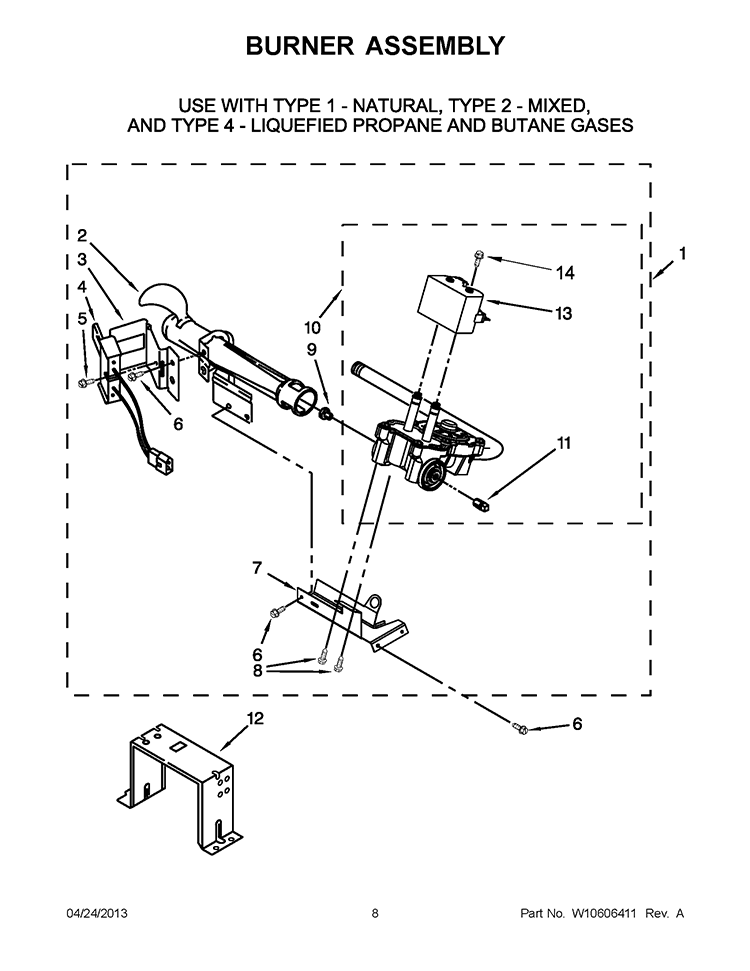 BURNER ASSEMBLY Diagram and Parts List for WGD4900XW3  Whirlpool Dryer