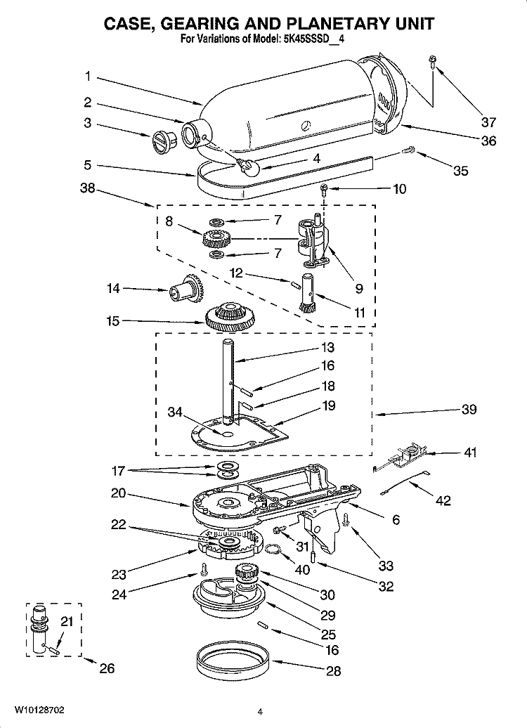 CASE, GEARING AND PLANETARY UNIT Diagram and Parts List for 5K45SSSDWH4  KitchenAid Mixer