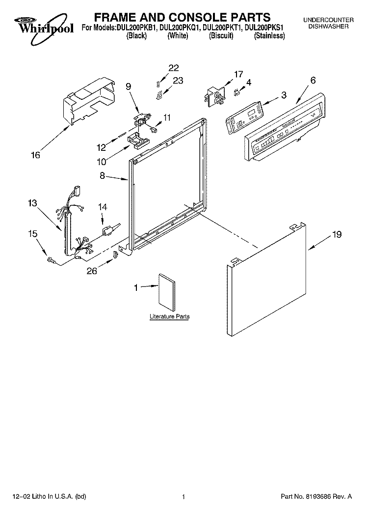 FRAME AND CONSOLE PARTS Diagram and Parts List for DUL200PKB1  Whirlpool Dishwasher