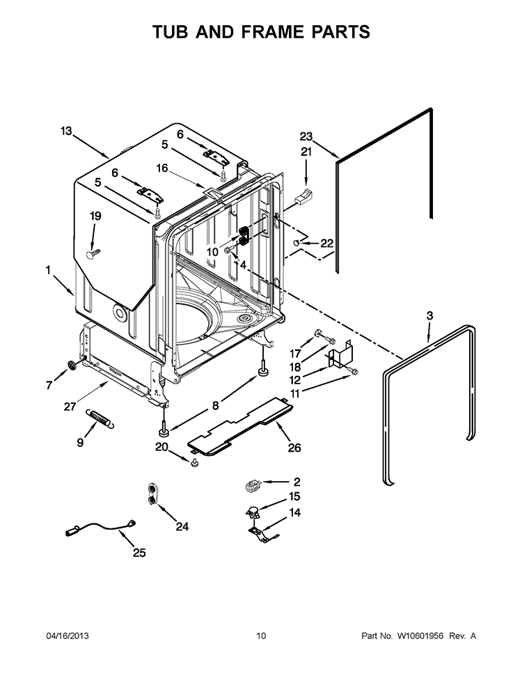 TUB AND FRAME PARTS Diagram and Parts List for WDT790SAYW2  Whirlpool Dishwasher