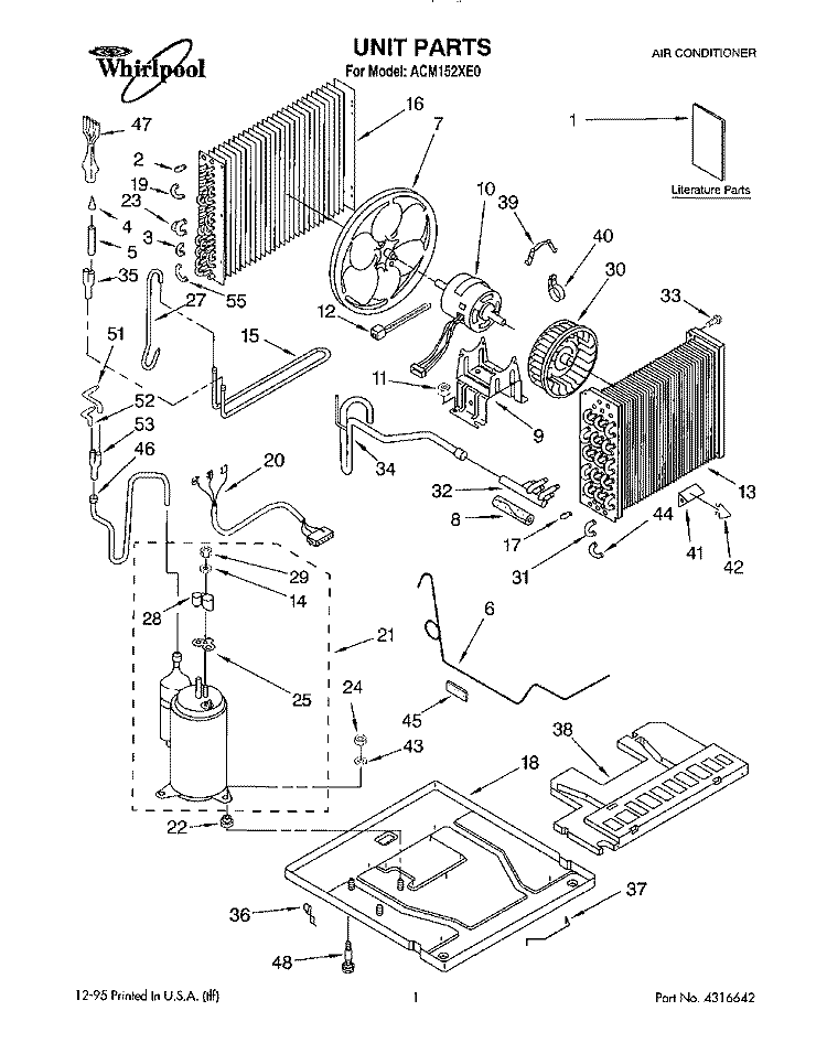 UNIT, LITERATURE Diagram and Parts List for ACM152XE0  Whirlpool Air Conditioner
