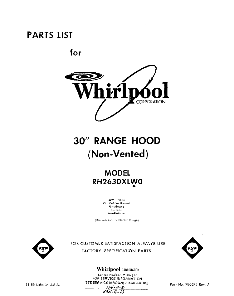 SECTION Diagram and Parts List for RH2630XLW0  Whirlpool Range Hood