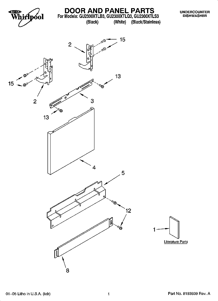 DOOR AND PANEL PARTS Diagram and Parts List for GU2300XTLB3  Whirlpool Dishwasher