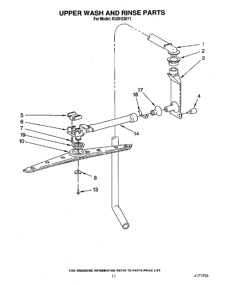 UPPER WASH AND RINSE Diagram and Parts List for KUDH230Y1  KitchenAid Dishwasher