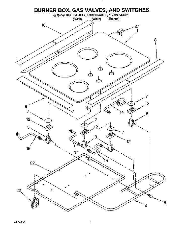BURNER BOX, GAS VALVES, AND SWITCHES Diagram and Parts List for KGCT305AAL2  KitchenAid Cooktop
