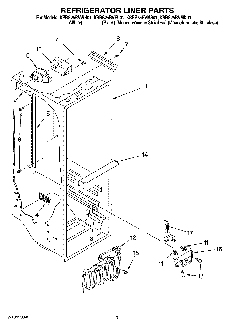 REFRIGERATOR LINER PARTS Diagram and Parts List for KSRS25RVBL01  KitchenAid Refrigerator