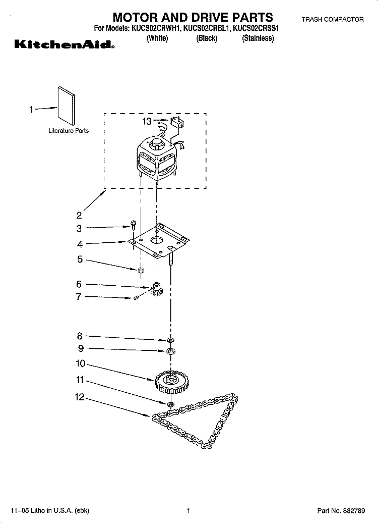 MOTOR AND DRIVE PARTS Diagram and Parts List for KUCS02CRWH1  KitchenAid Trash Compactor