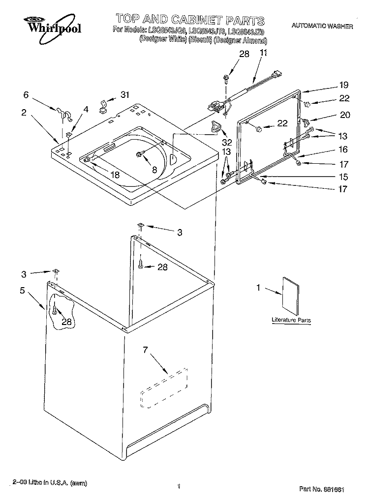 TOP AND CABINET, LITERATURE Diagram and Parts List for LSQ8543JT0  Whirlpool Washer