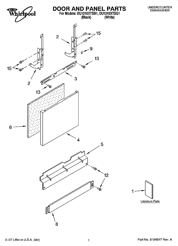DOOR AND PANEL PARTS Diagram and Parts List for DU1245XTSB1  Whirlpool Dishwasher