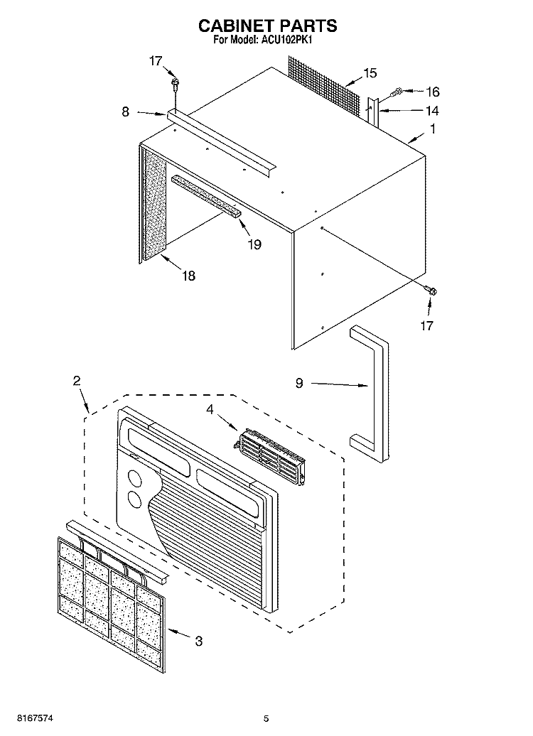CABINET PARTS Diagram and Parts List for ACU102PK1  Whirlpool Air Conditioner