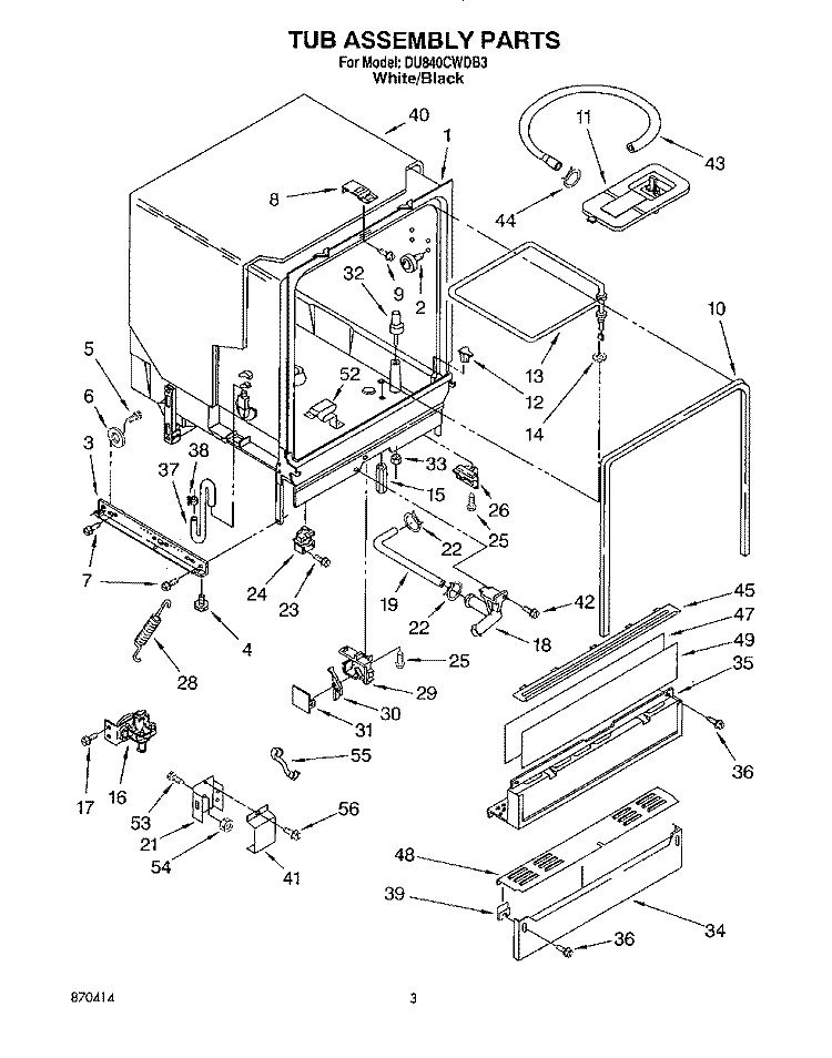TUB ASSEMBLY Diagram and Parts List for DU840CWDB3  Whirlpool Dishwasher