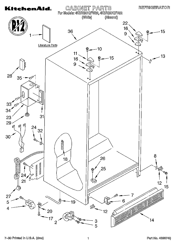 CABINET, LITERATURE Diagram and Parts List for 4KSRS27QFW02  KitchenAid Refrigerator