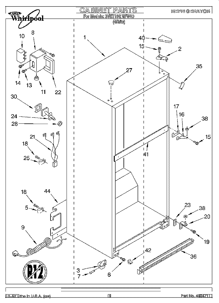 CABINET Diagram and Parts List for 3VET19GMFW00  Whirlpool Refrigerator