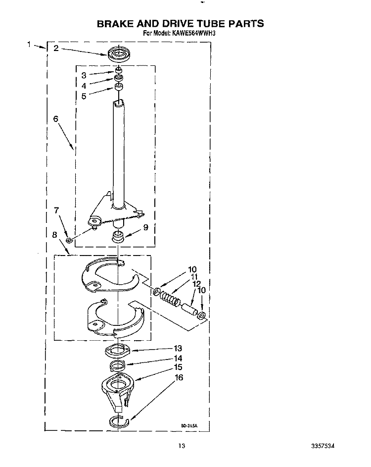 BRAKE AND DRIVE TUBE Diagram and Parts List for KAWE564WAL3  KitchenAid Washer