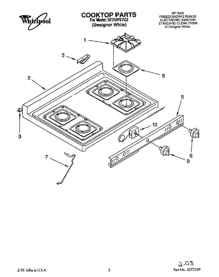 COOKTOP Diagram and Parts List for SF310PEYQ2  Whirlpool Range