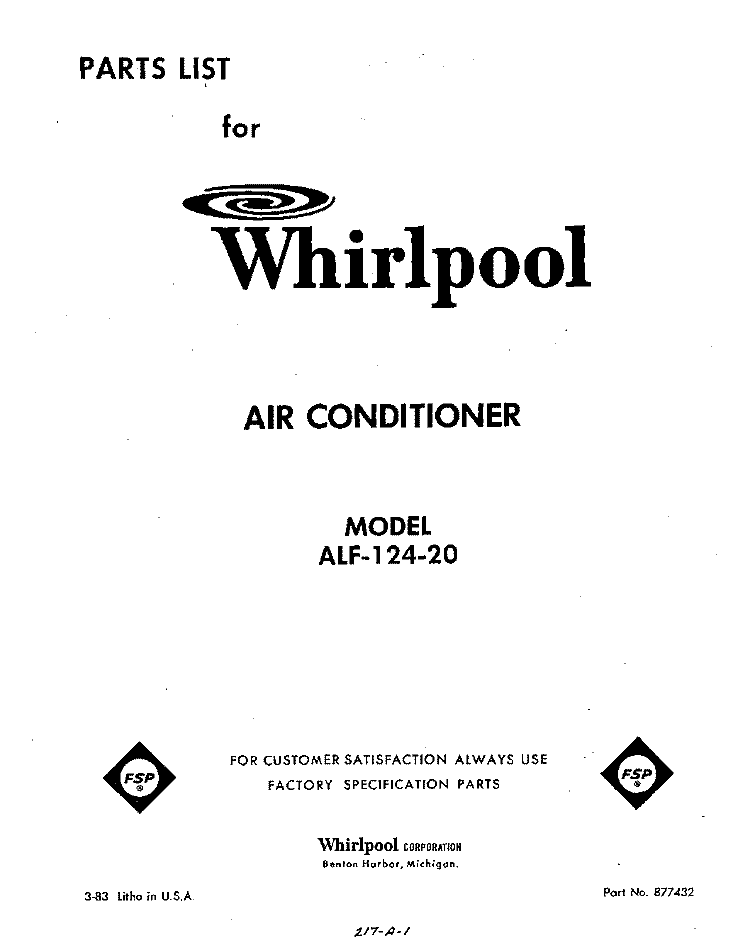 SECTION Diagram and Parts List for ALF12420  Whirlpool Air Conditioner