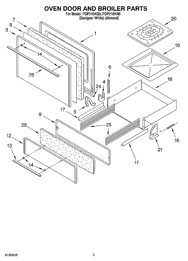 OVEN DOOR AND BROILER Diagram and Parts List for FGP210KN0  Roper Range