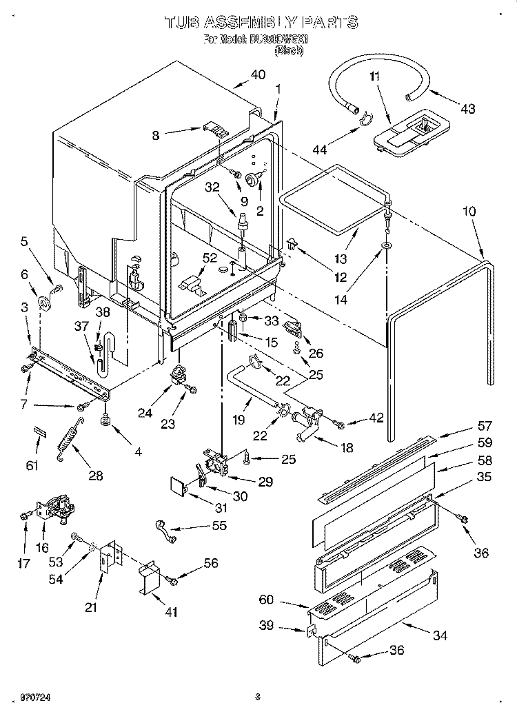 TUB ASSEMBLY Diagram and Parts List for DU850DWGX1  Whirlpool Dishwasher