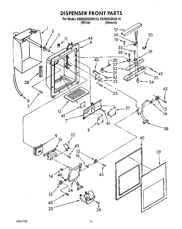 DISPENSER FRONT Diagram and Parts List for KSRS25QXAL10  KitchenAid Refrigerator