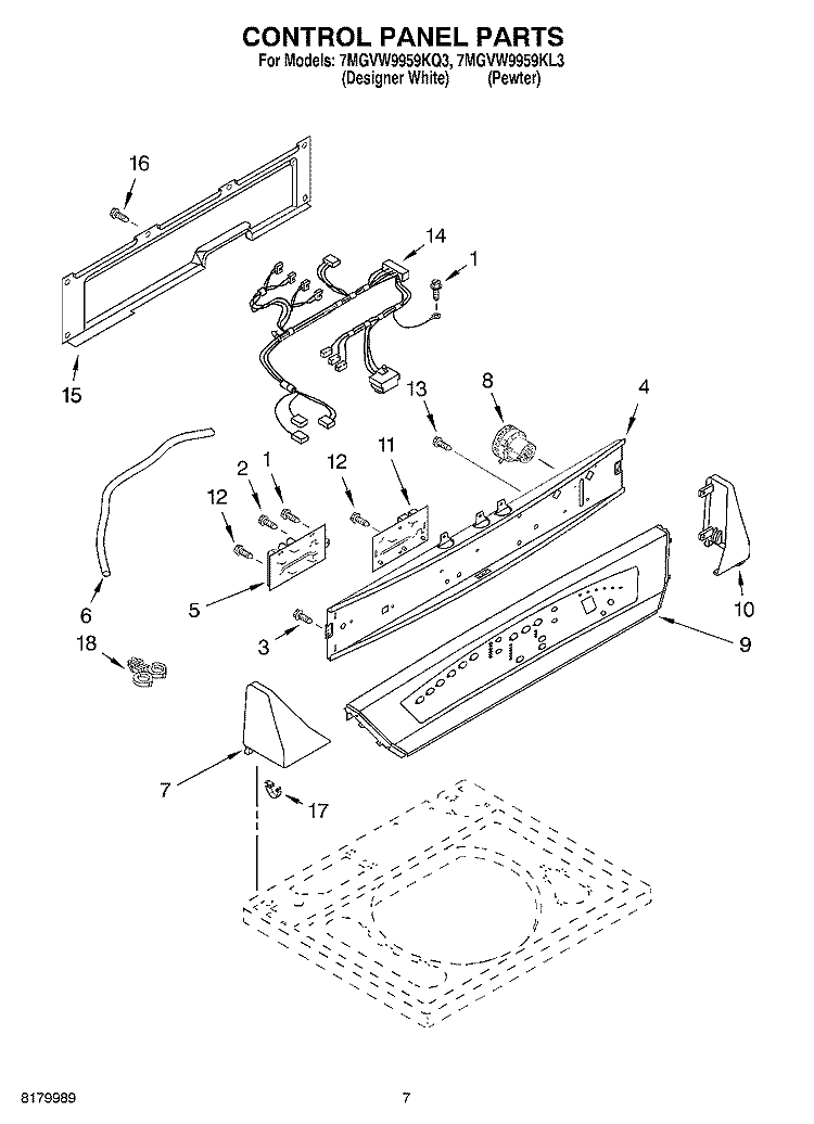 CONTROL PANEL PARTS Diagram and Parts List for 7MGVW9959KQ3  Whirlpool Washer