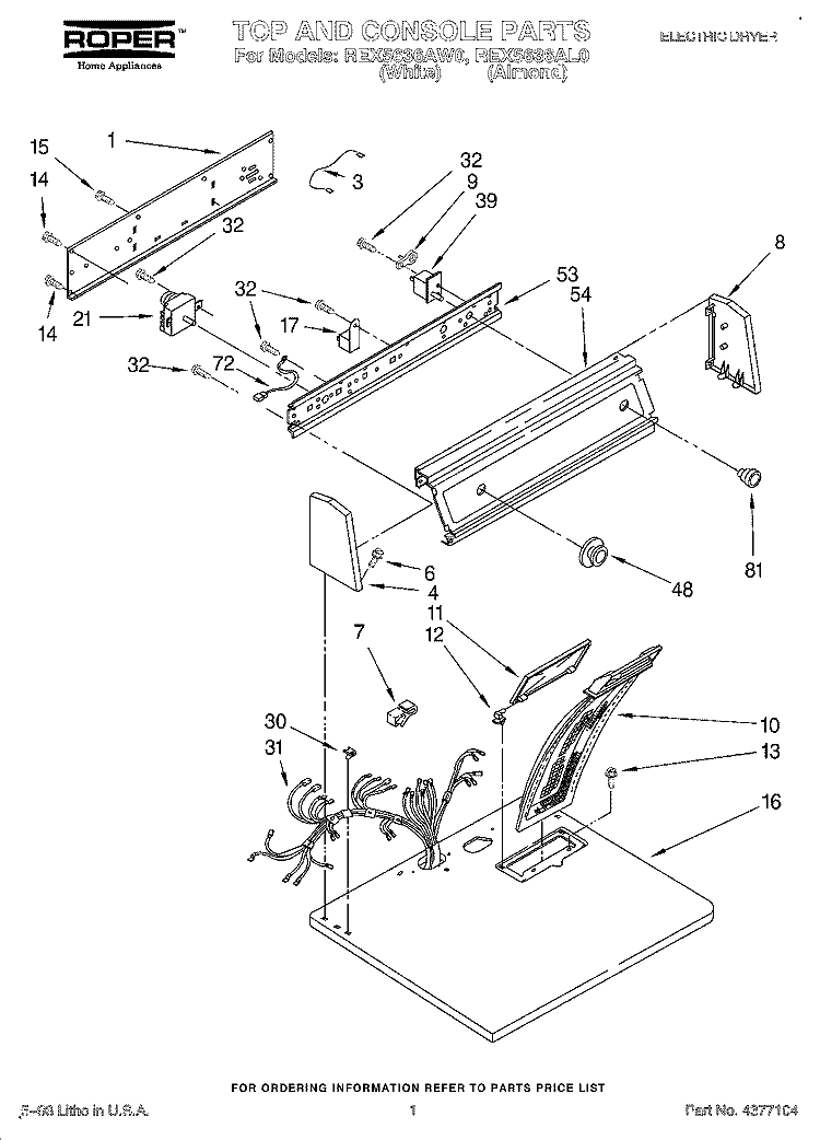 SECTION Diagram and Parts List for REX5636AL0  Roper Dryer