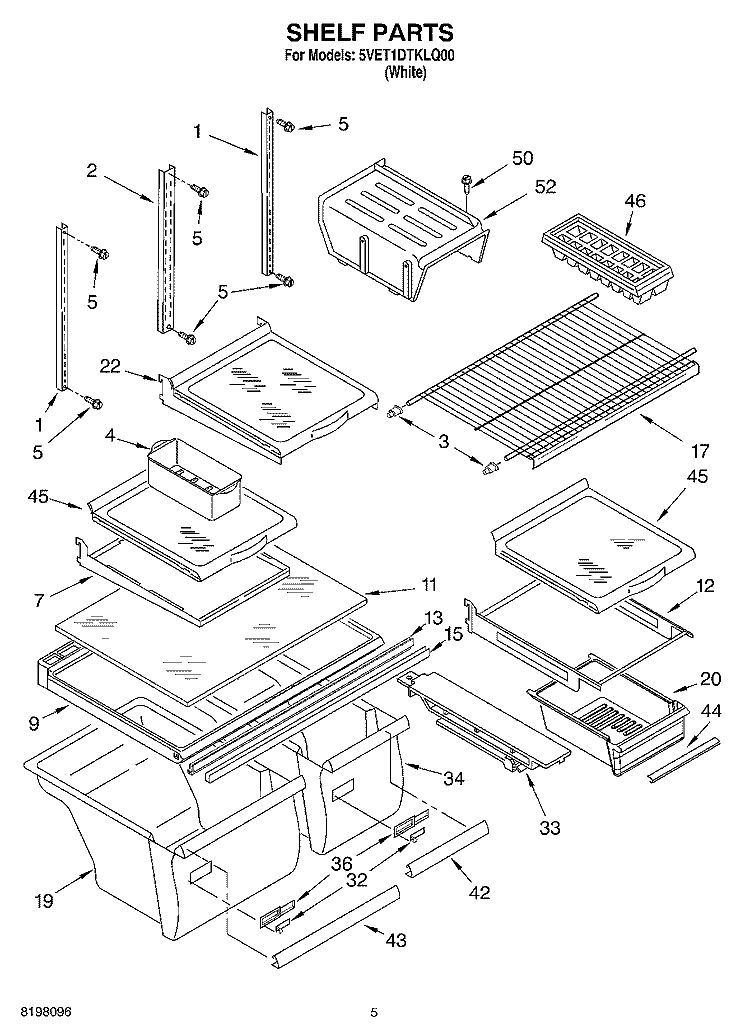 SHELF Diagram and Parts List for 5VET1DTKLQ00  Whirlpool Refrigerator