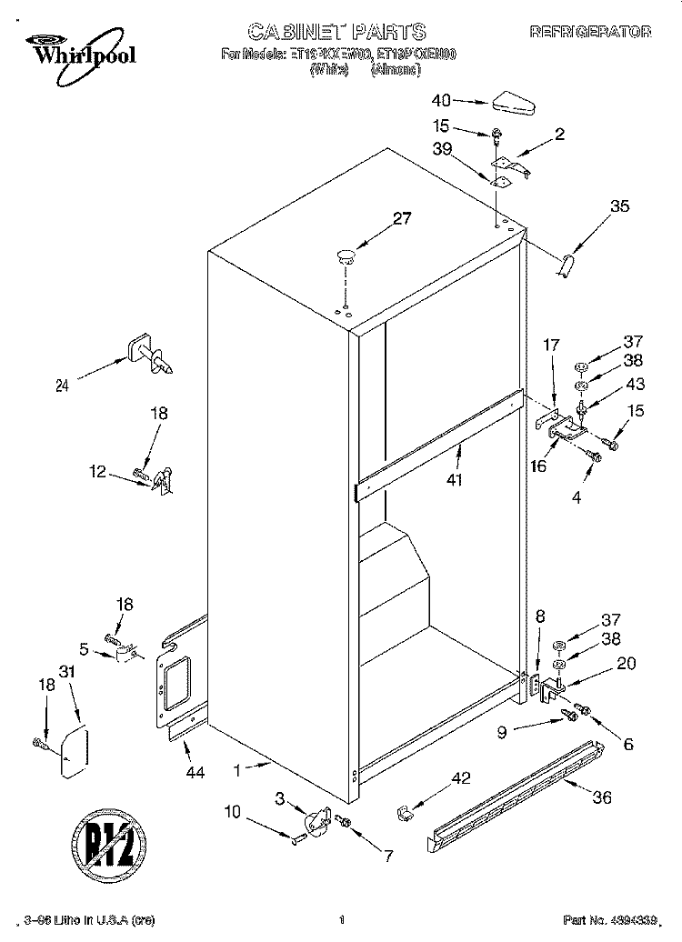 CABINET Diagram and Parts List for ET19PKXEN00  Whirlpool Refrigerator