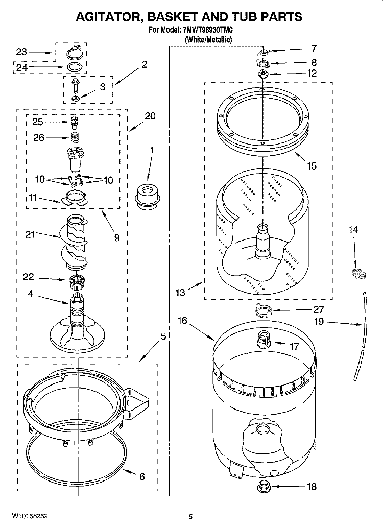 AGITATOR, BASKET AND TUB PARTS Diagram and Parts List for 7MWT98930TM0  Whirlpool Washer