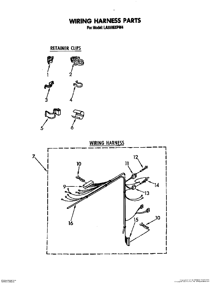 WIRING HARNESS Diagram and Parts List for LA5599XPW4  Whirlpool Washer