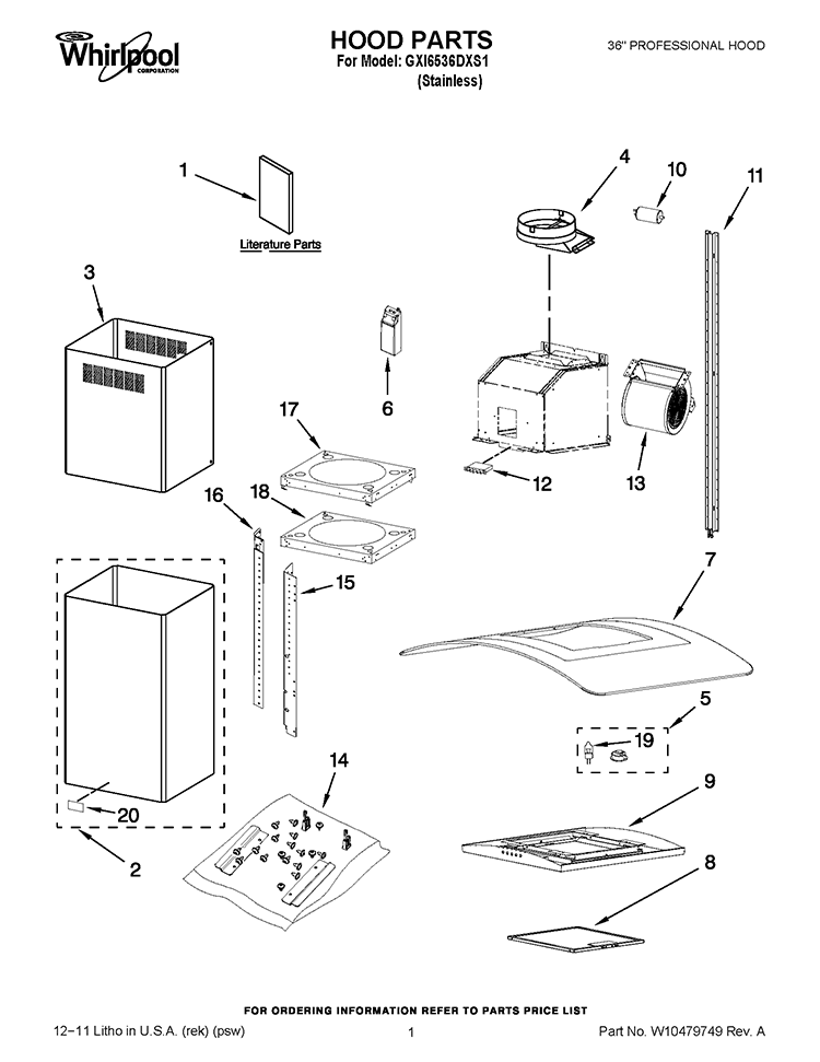 HOOD PARTS Diagram and Parts List for GXI6536DXS1  Whirlpool Range Hood
