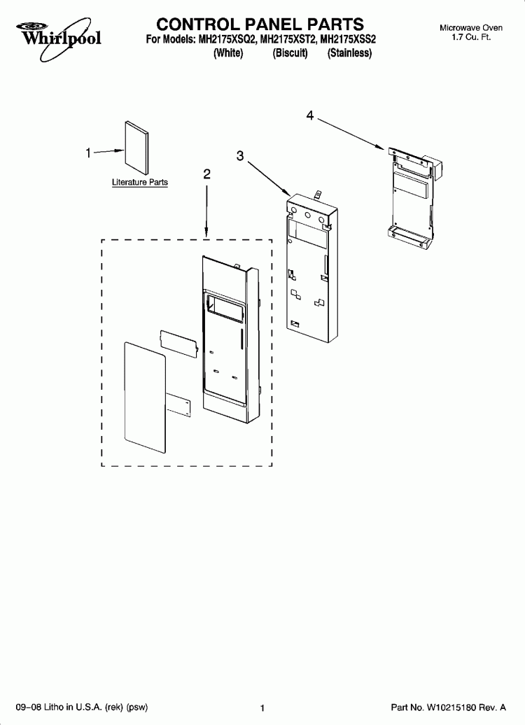 CONTROL PANEL PARTS Diagram and Parts List for MH2175XSS2  Whirlpool Microwave