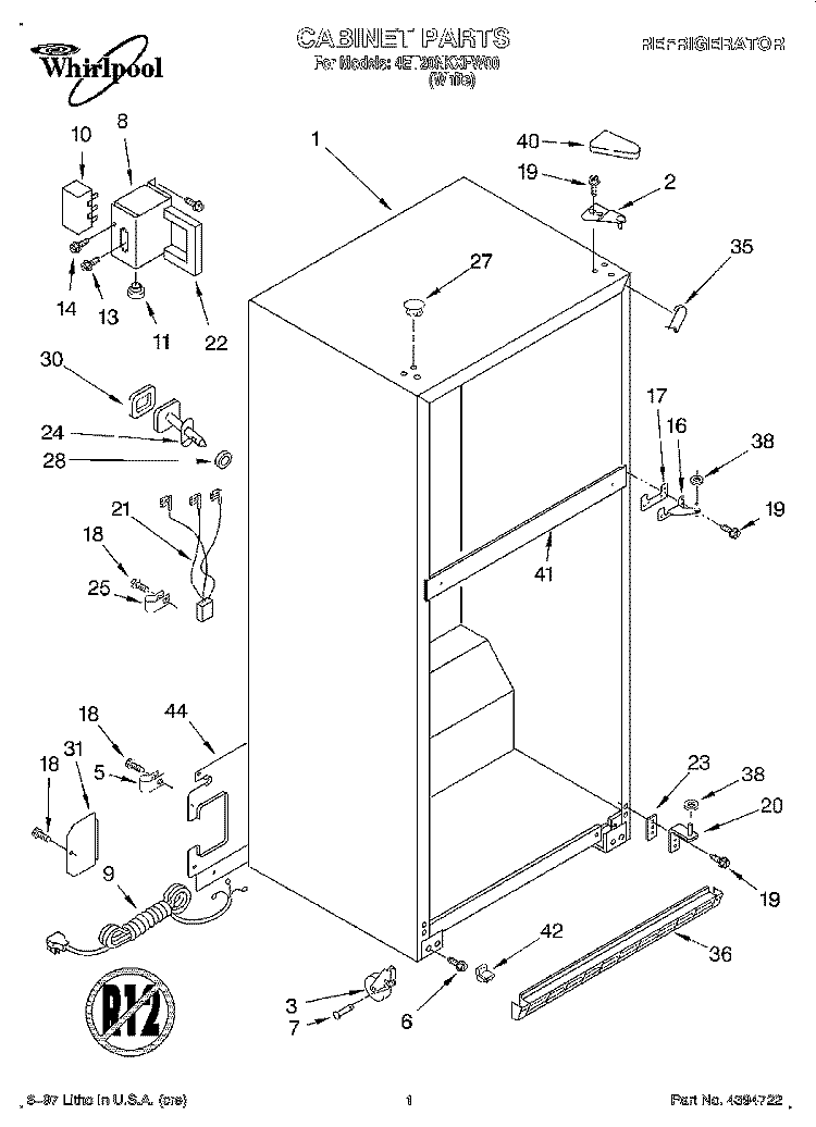 CABINET Diagram and Parts List for 4ET20NKXFW00  Whirlpool Refrigerator