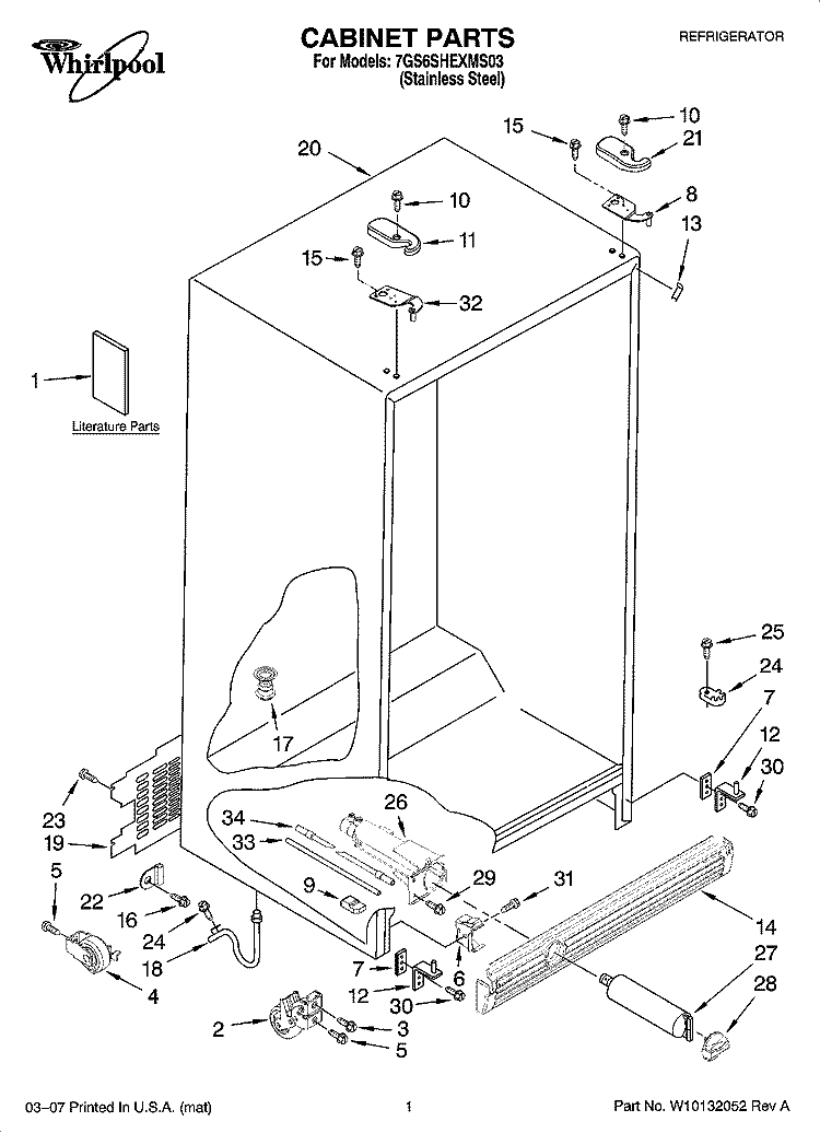 CABINET PARTS Diagram and Parts List for 7GS6SHEXMS03  Whirlpool Refrigerator