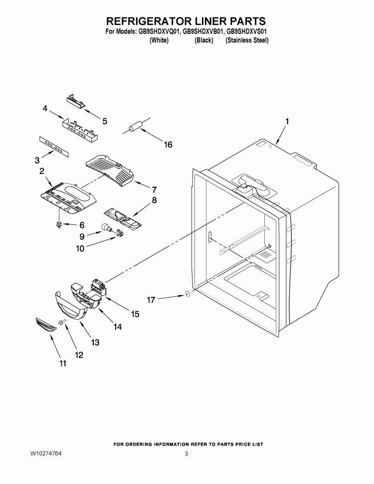 REFRIGERATOR LINER PARTS Diagram and Parts List for GB9SHDXVS01  Whirlpool Refrigerator