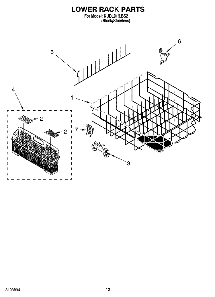 LOWER RACK PARTS Diagram and Parts List for KUDL01ILBS2  KitchenAid Dishwasher