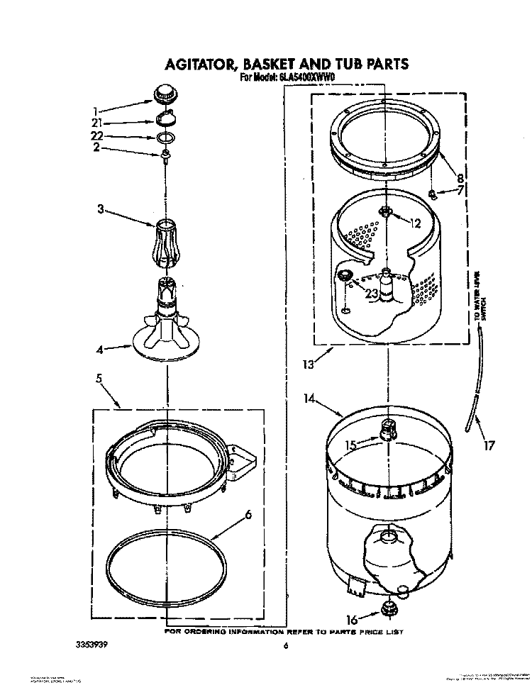 AGITATOR, BASKET AND TUB Diagram and Parts List for 6LA5400XWM0  Whirlpool Washer