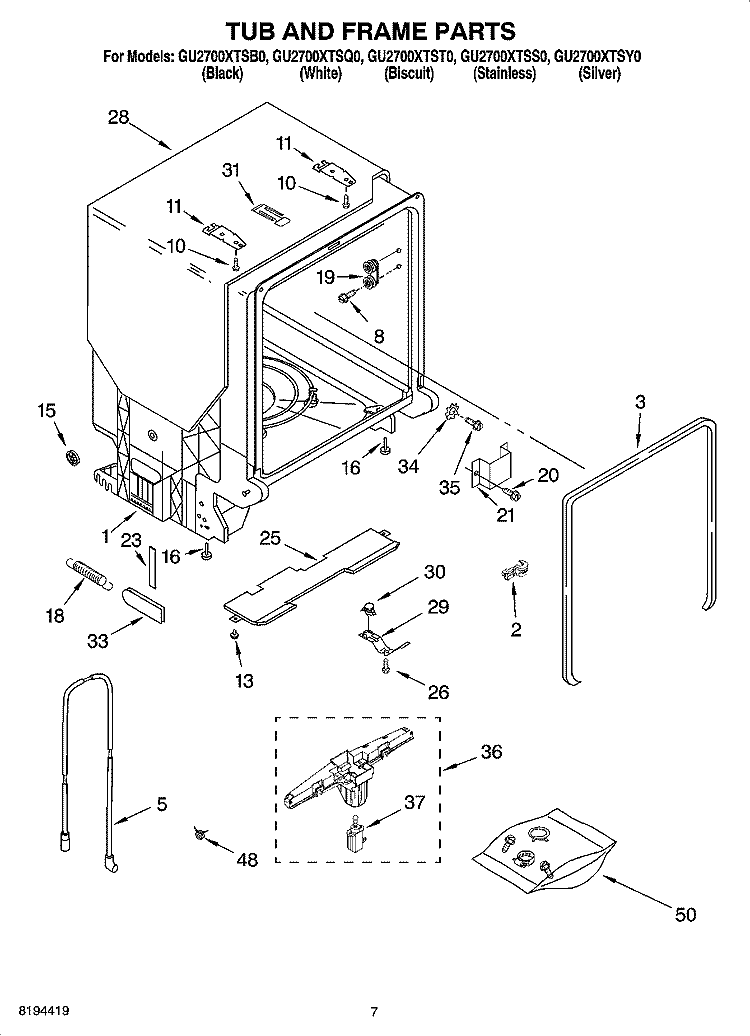 TUB AND FRAME PARTS Diagram and Parts List for GU2700XTSY0  Whirlpool Dishwasher