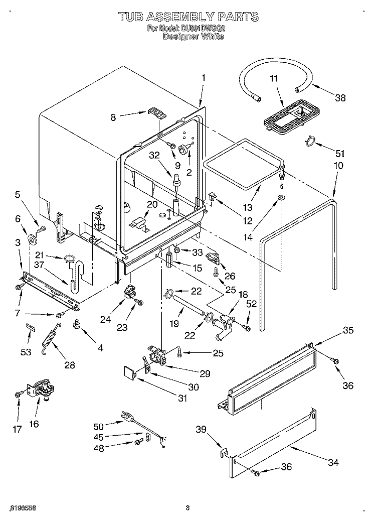 TUB ASSEMBLY Diagram and Parts List for DU801DWGQ2  Whirlpool Dishwasher