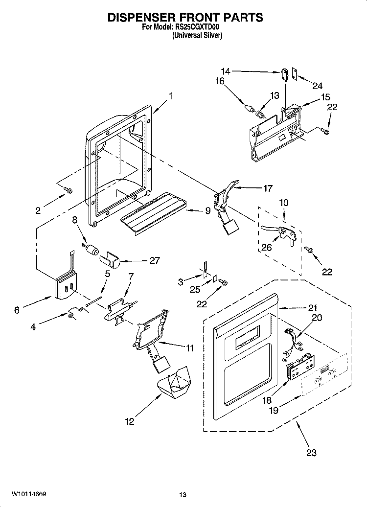 DISPENSER FRONT PARTS Diagram and Parts List for RS25CGXTD00  Roper Refrigerator