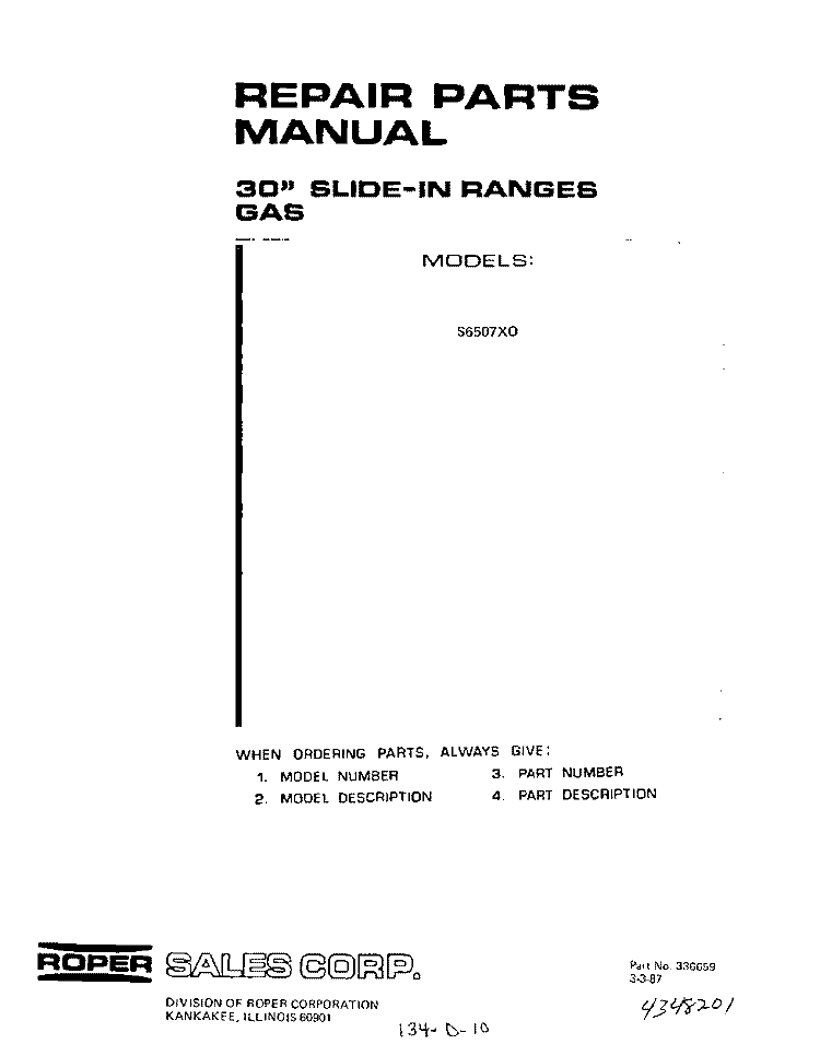 WIRE HARNESS AND COMPONENTS , 4`` B Diagram and Parts List for S6507X0  Roper Range