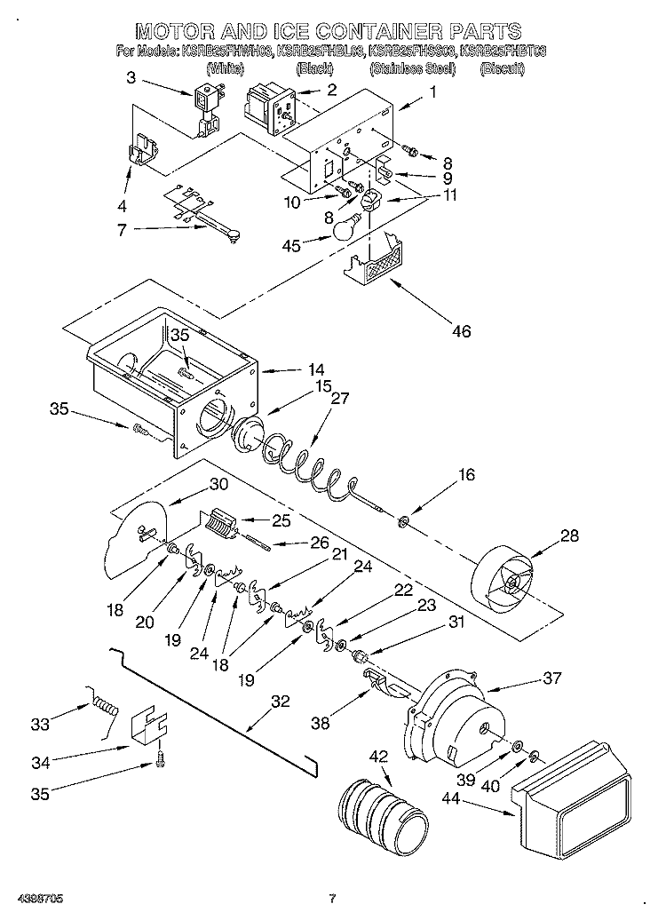 MOTOR AND ICE CONTAINER Diagram and Parts List for KSRB25FHBL03  KitchenAid Refrigerator