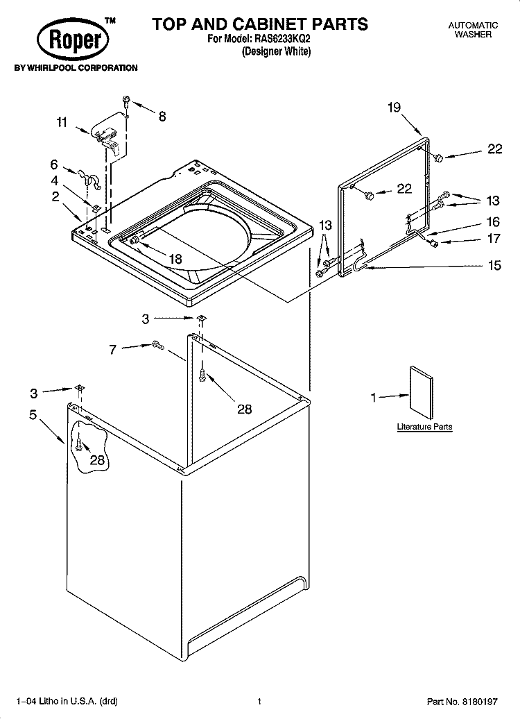 TOP AND CABINET PARTS Diagram and Parts List for RAS6233KQ2  Roper Washer