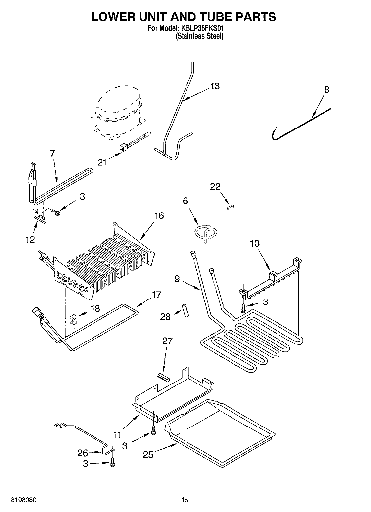 LOWER UNIT AND TUBE Diagram and Parts List for KLBP36FKS01  KitchenAid Refrigerator
