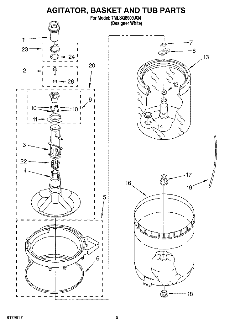 AGITATOR, BASKET AND TUB Diagram and Parts List for 7MLSQ8000JQ4  Whirlpool Washer