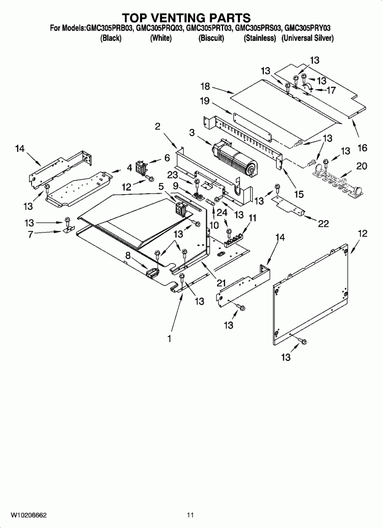 TOP VENTING PARTS, OPTIONAL PARTS Diagram and Parts List for GMC305PRB03  Whirlpool Microwave Oven Combo